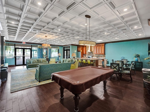 recreation room featuring dark hardwood / wood-style floors, billiards, and french doors