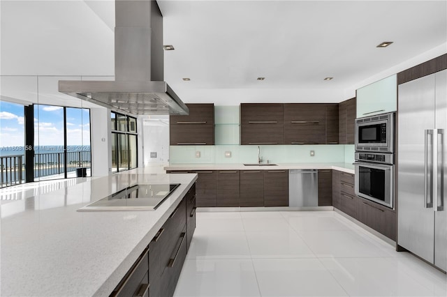 kitchen featuring a water view, sink, built in appliances, range hood, and dark brown cabinetry