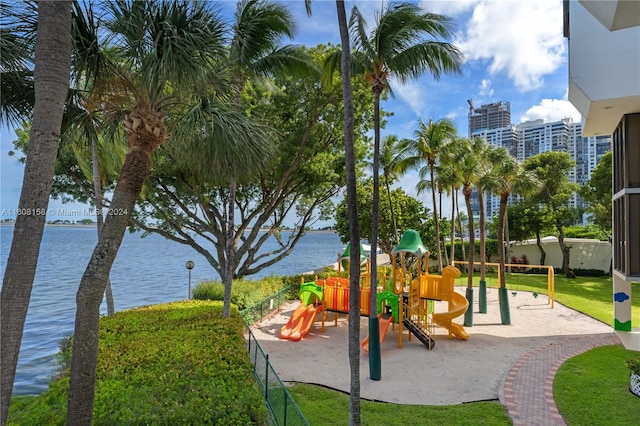 view of playground featuring a water view