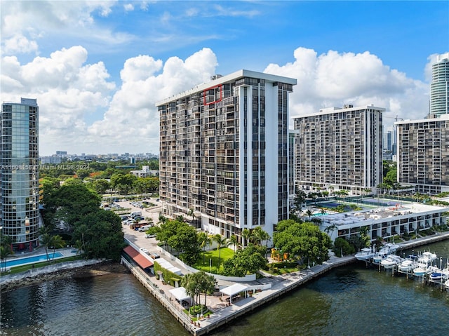 view of building exterior featuring a water view