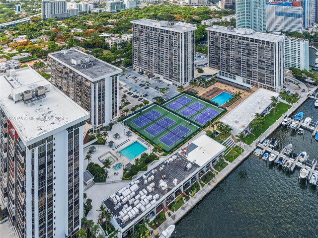 bird's eye view with a water view