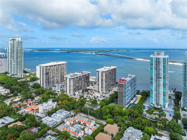 aerial view featuring a water view