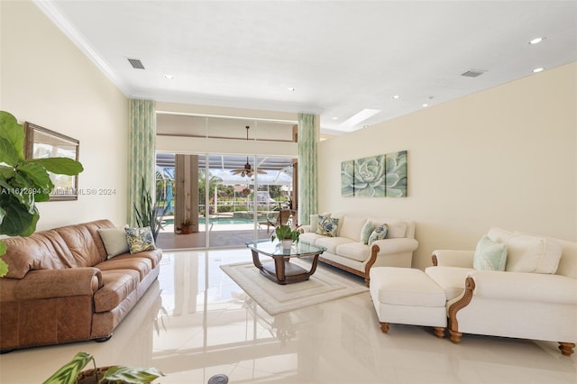 tiled living room with crown molding