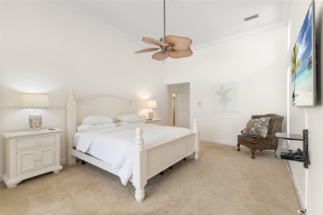 bedroom featuring high vaulted ceiling, ceiling fan, and crown molding