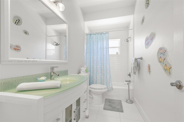 full bathroom with tile flooring, shower / bath combination with curtain, toilet, and vanity