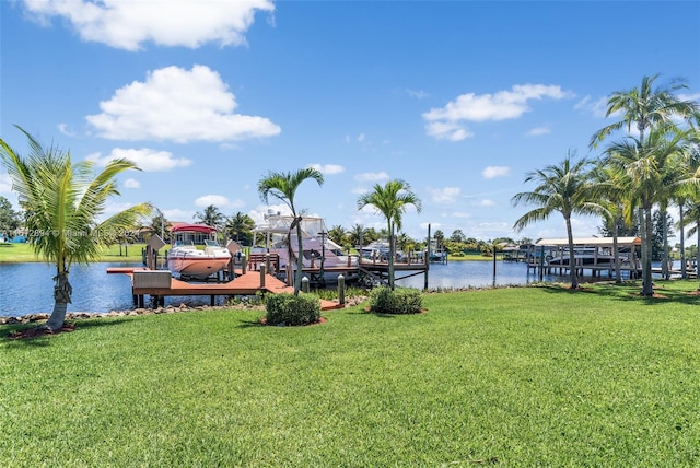 exterior space featuring a boat dock and a water view