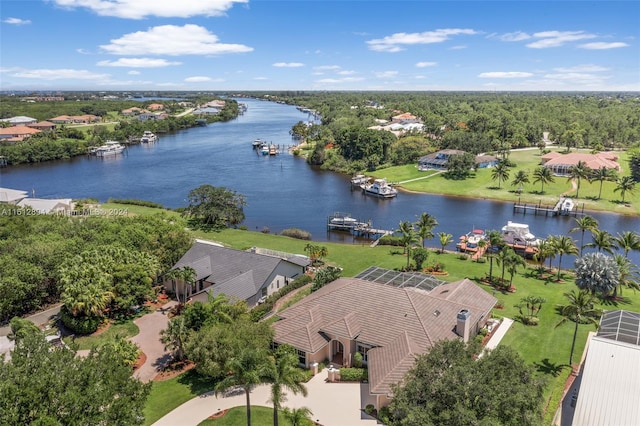 bird's eye view with a water view