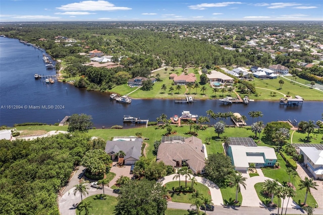 drone / aerial view with a water view