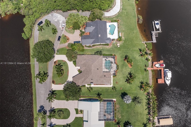 aerial view featuring a water view