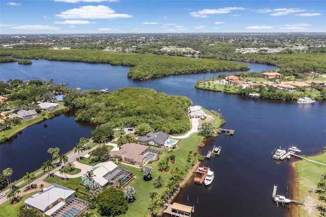 drone / aerial view with a water view