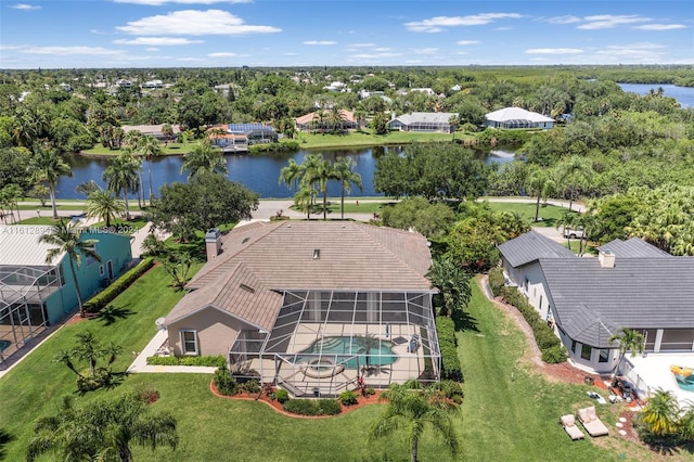 bird's eye view with a water view