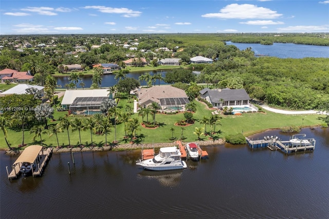 aerial view featuring a water view