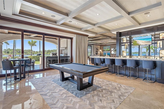 recreation room featuring beam ceiling, ornamental molding, pool table, and coffered ceiling