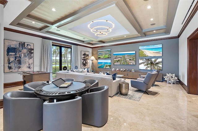 playroom with ornamental molding, french doors, coffered ceiling, and beam ceiling