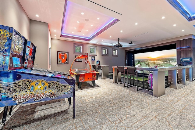 recreation room featuring light carpet and a raised ceiling