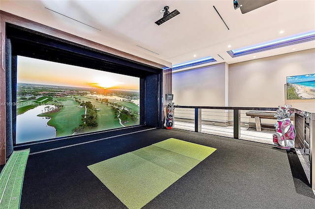 recreation room featuring golf simulator and carpet floors