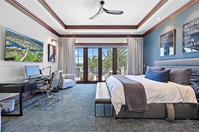 carpeted bedroom with access to outside, a raised ceiling, ceiling fan, and ornamental molding