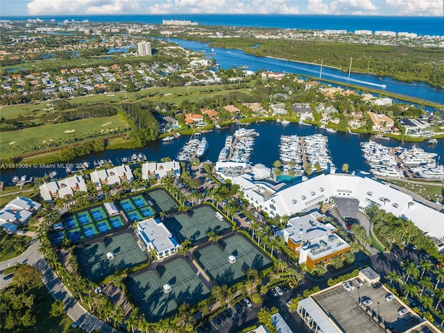 bird's eye view with a water view