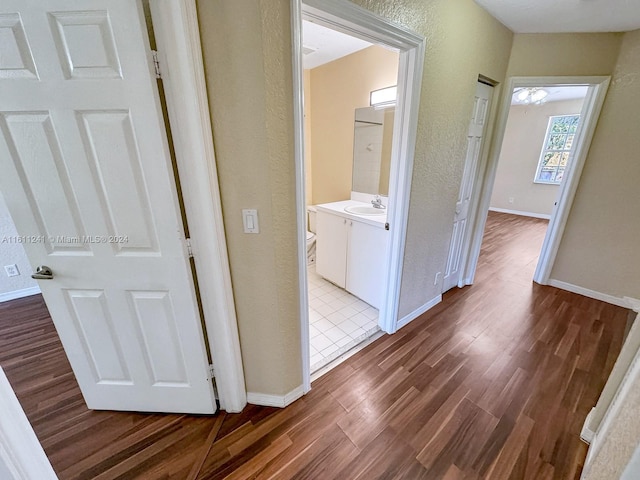 hallway featuring a chandelier, wood-type flooring, and sink