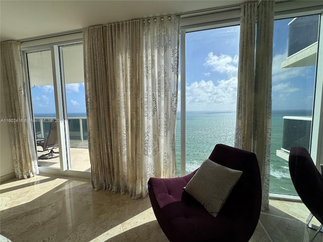 sitting room with plenty of natural light and a water view