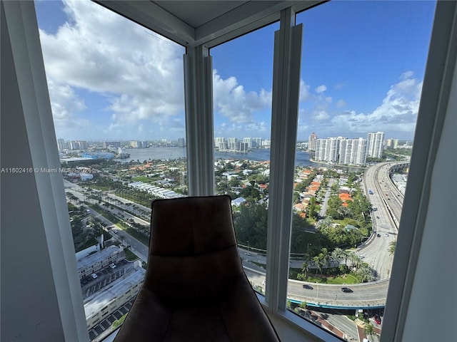 interior space featuring a view of city