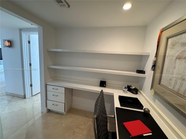 home office featuring visible vents, light tile patterned flooring, built in study area, and recessed lighting