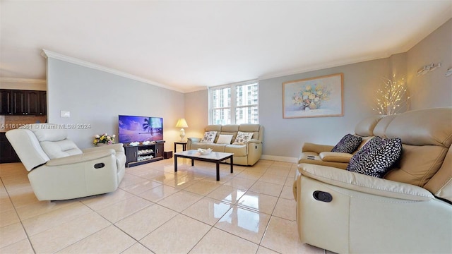 living room featuring light tile patterned floors and ornamental molding