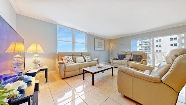 tiled living room with crown molding