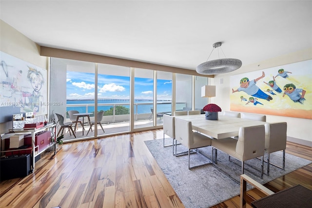 dining area with a water view, expansive windows, and light wood-type flooring