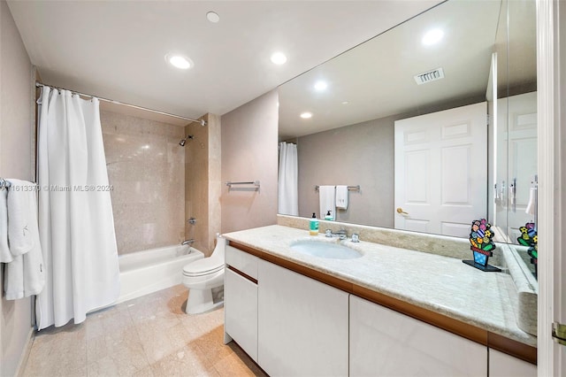 full bathroom with vanity, toilet, and shower / bathtub combination with curtain