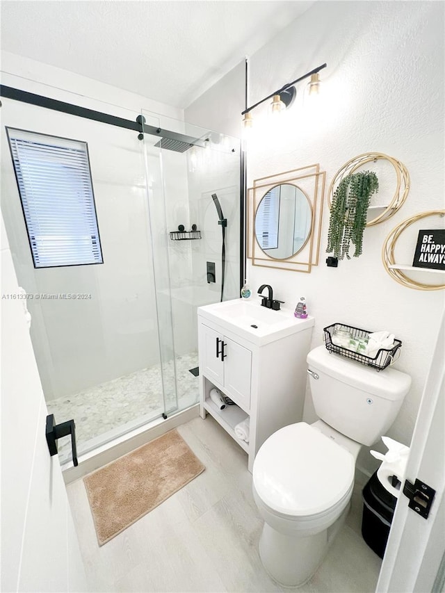 bathroom with vanity, a shower with door, and toilet