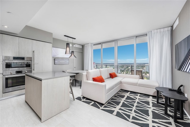 living room featuring a wall of windows