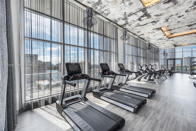 exercise room featuring a high ceiling, floor to ceiling windows, and hardwood / wood-style flooring