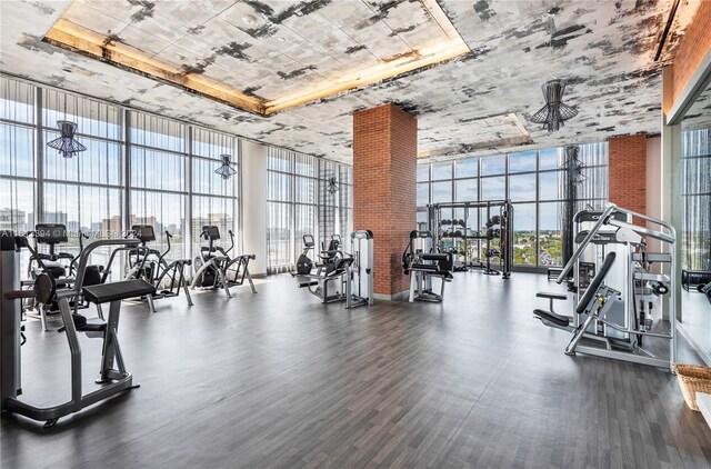 gym featuring dark wood-type flooring, expansive windows, and a raised ceiling