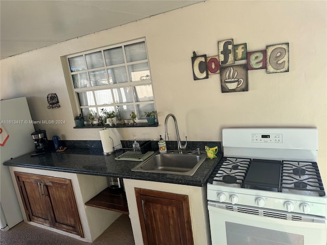 kitchen featuring sink, carpet floors, and white gas stove