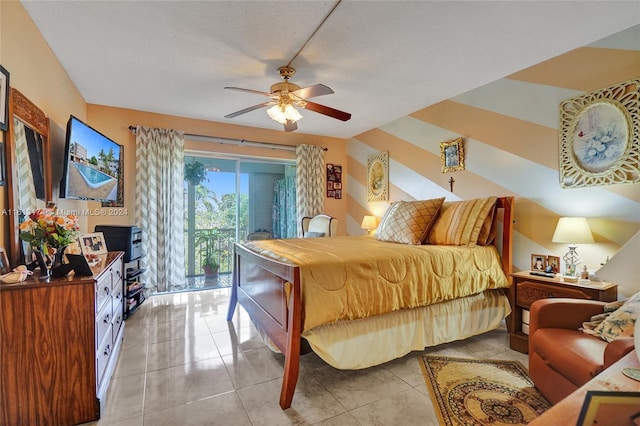 bedroom with ceiling fan, light tile patterned flooring, and access to outside