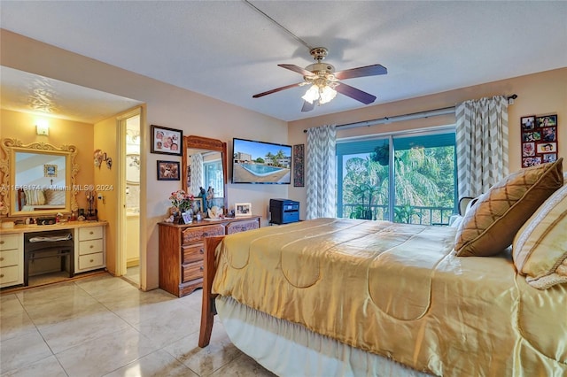 bedroom with ceiling fan, multiple windows, ensuite bath, and light tile patterned flooring