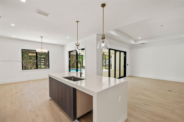 kitchen featuring pendant lighting, a raised ceiling, sink, light hardwood / wood-style flooring, and an island with sink