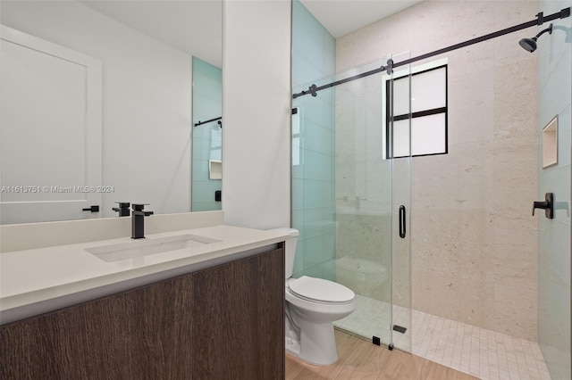 bathroom with wood-type flooring, vanity, toilet, and a shower with door