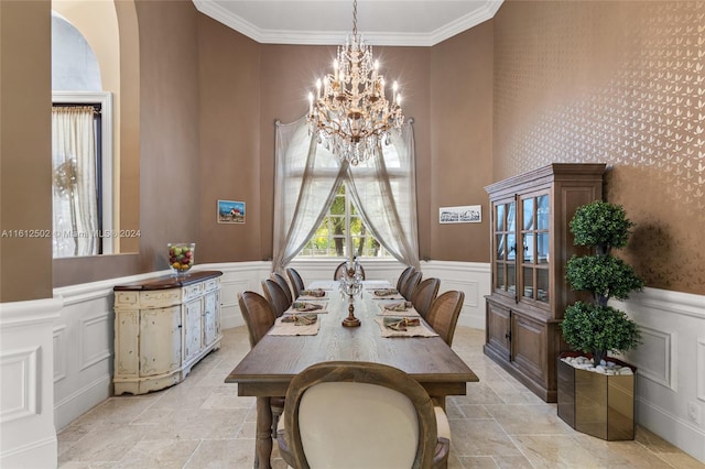 tiled dining space with crown molding and an inviting chandelier