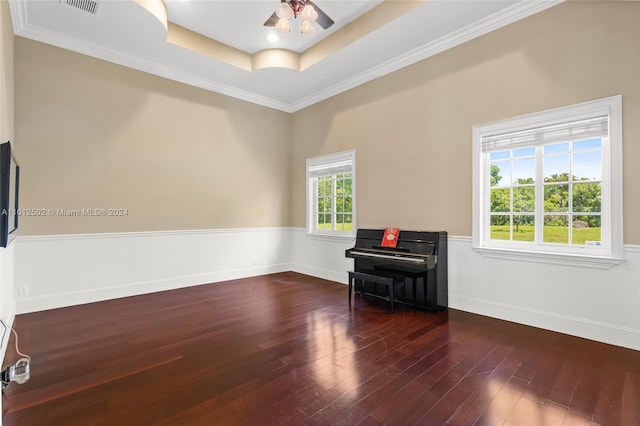 unfurnished room featuring ceiling fan, a raised ceiling, ornamental molding, and wood-type flooring