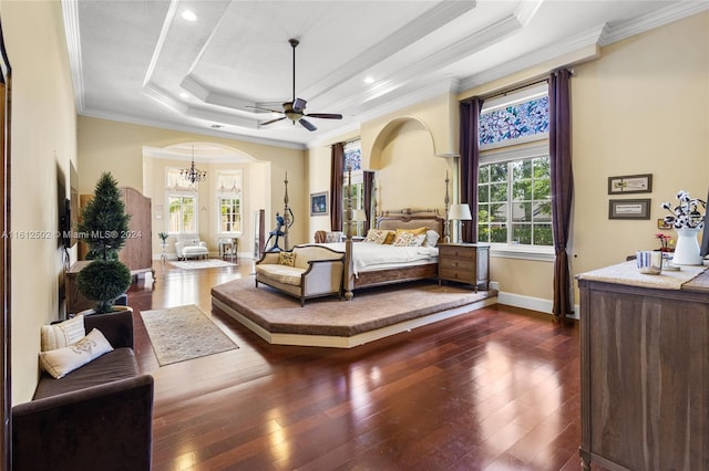 bedroom with a tray ceiling, crown molding, multiple windows, and dark hardwood / wood-style flooring