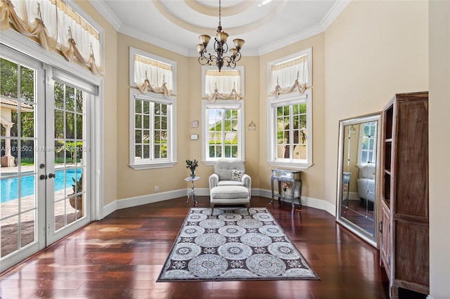 living area with a wealth of natural light, dark hardwood / wood-style flooring, french doors, and a raised ceiling