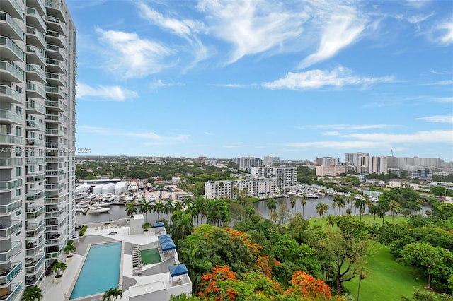 birds eye view of property featuring a water view