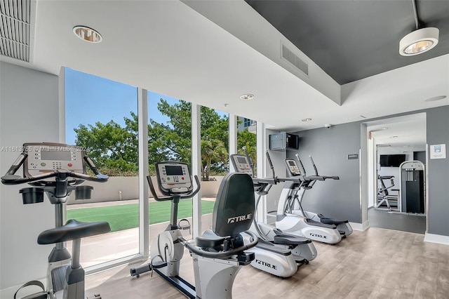 gym with hardwood / wood-style floors