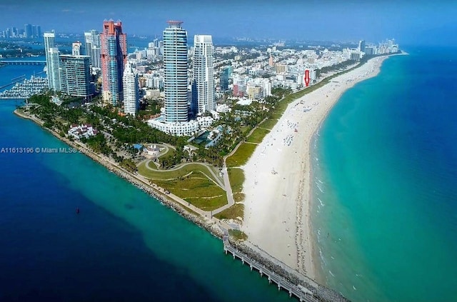 bird's eye view featuring a water view and a beach view