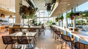 dining space with concrete flooring