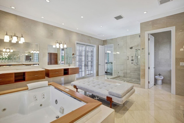 bathroom featuring plus walk in shower, tile walls, vanity, ornamental molding, and a bidet