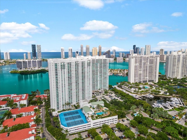 birds eye view of property featuring a water view