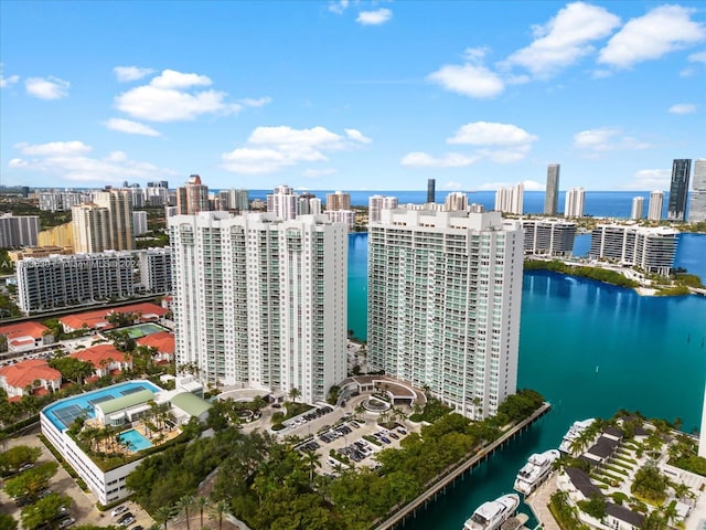 bird's eye view with a water view